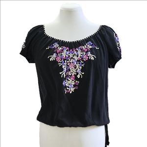 KAREN KANE 100% Silk floral embroidered short puff sleeves top